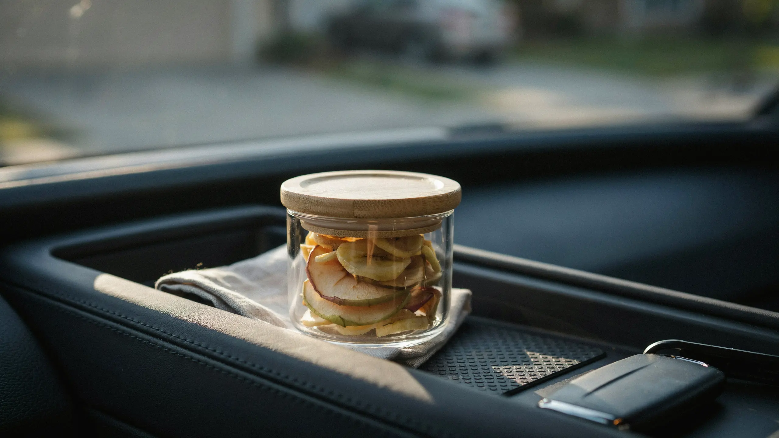 Baked apple and banana chips packed as a crunchy road trip snack.