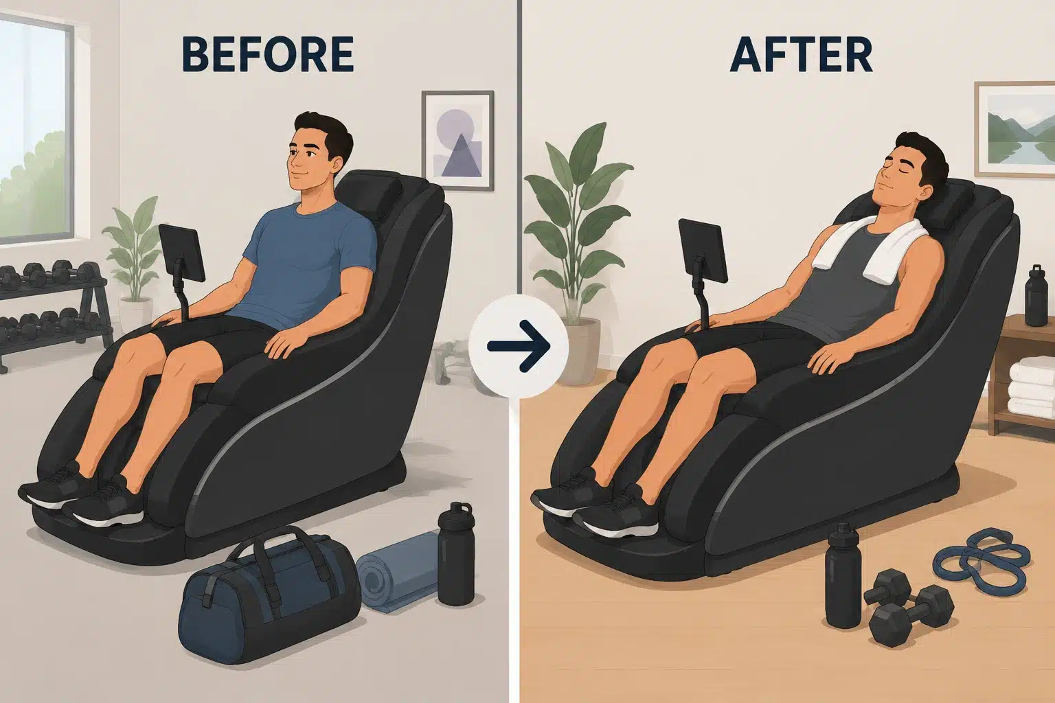 Before and after workout comparison showing a person using a hydromassage chair for preparation and recovery