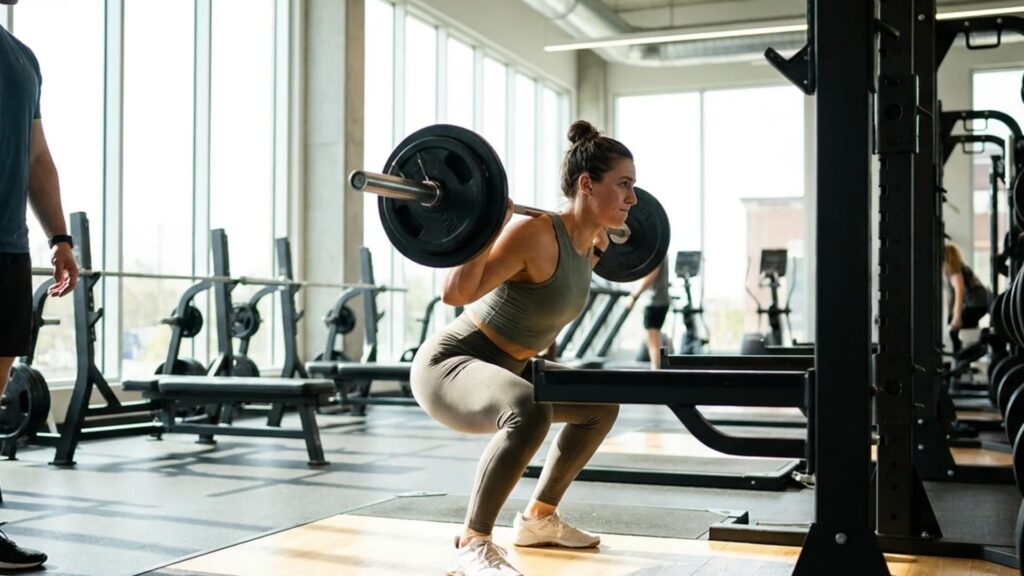 Person performing compound strength exercises with weights in a gym setting.