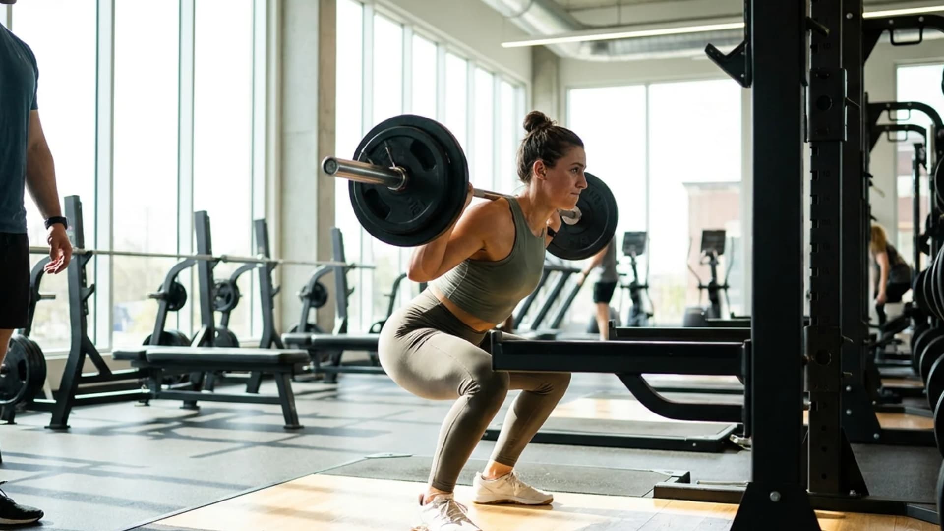 Person performing compound strength exercises with weights in a gym setting.