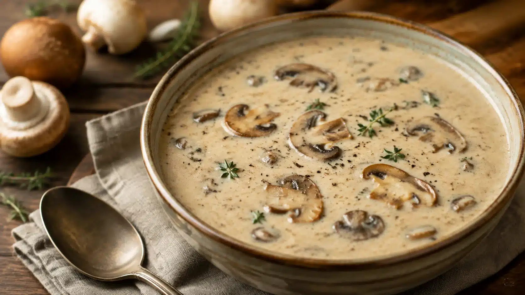 Bowl of creamy keto mushroom soup with sliced mushrooms and herbs served as a low-carb meal.