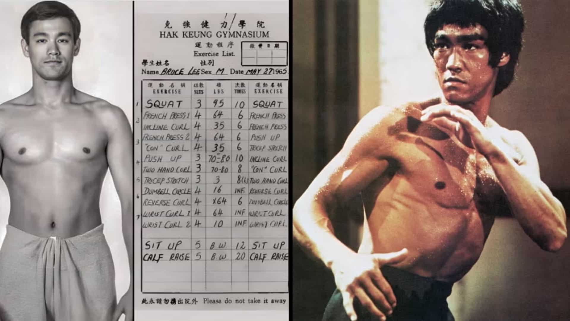 Bruce Lee daily workout schedule with training notes, physique photos, and exercise records