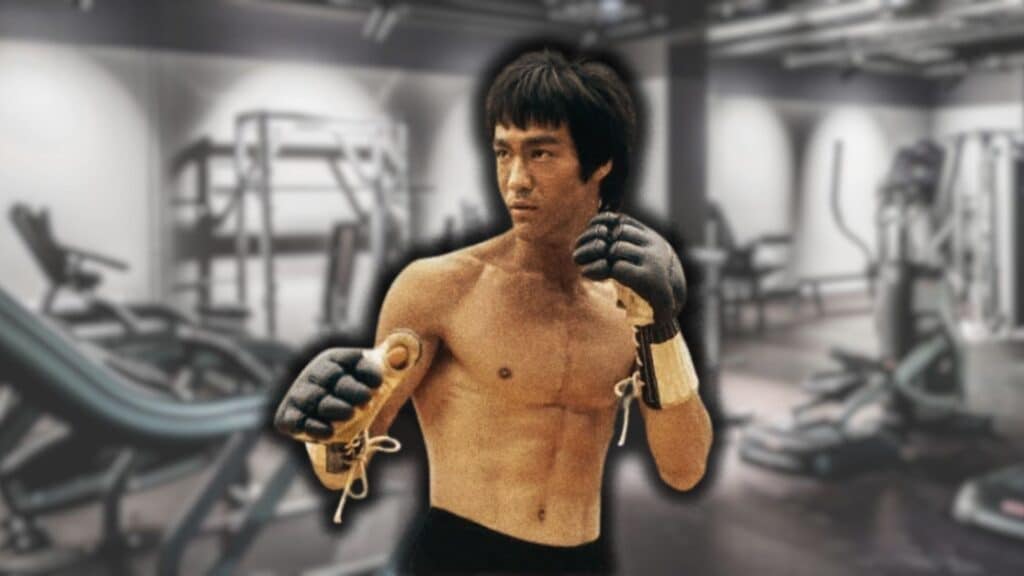 Bruce Lee workout featuring martial artist training in a gym with boxing gloves and fitness equipment