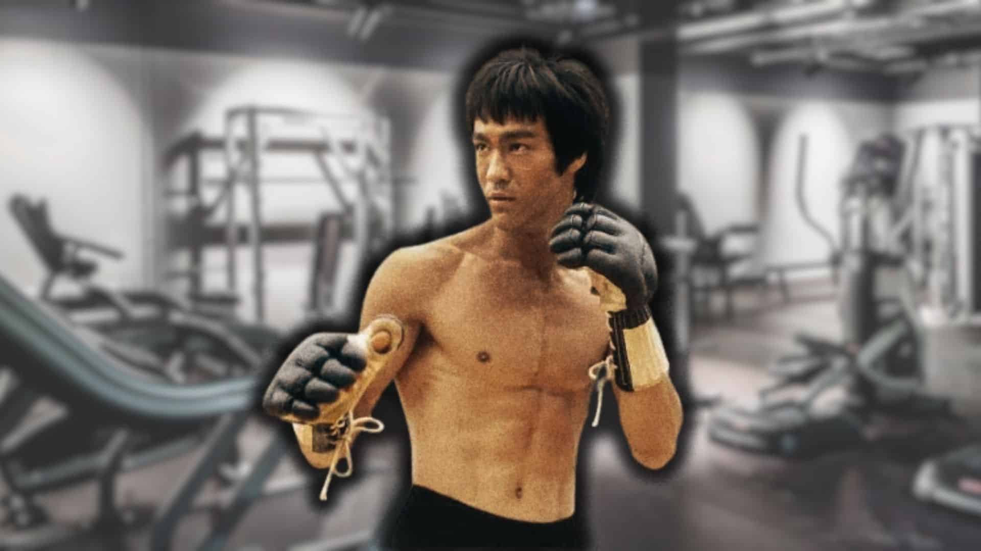 Bruce Lee workout featuring martial artist training in a gym with boxing gloves and fitness equipment