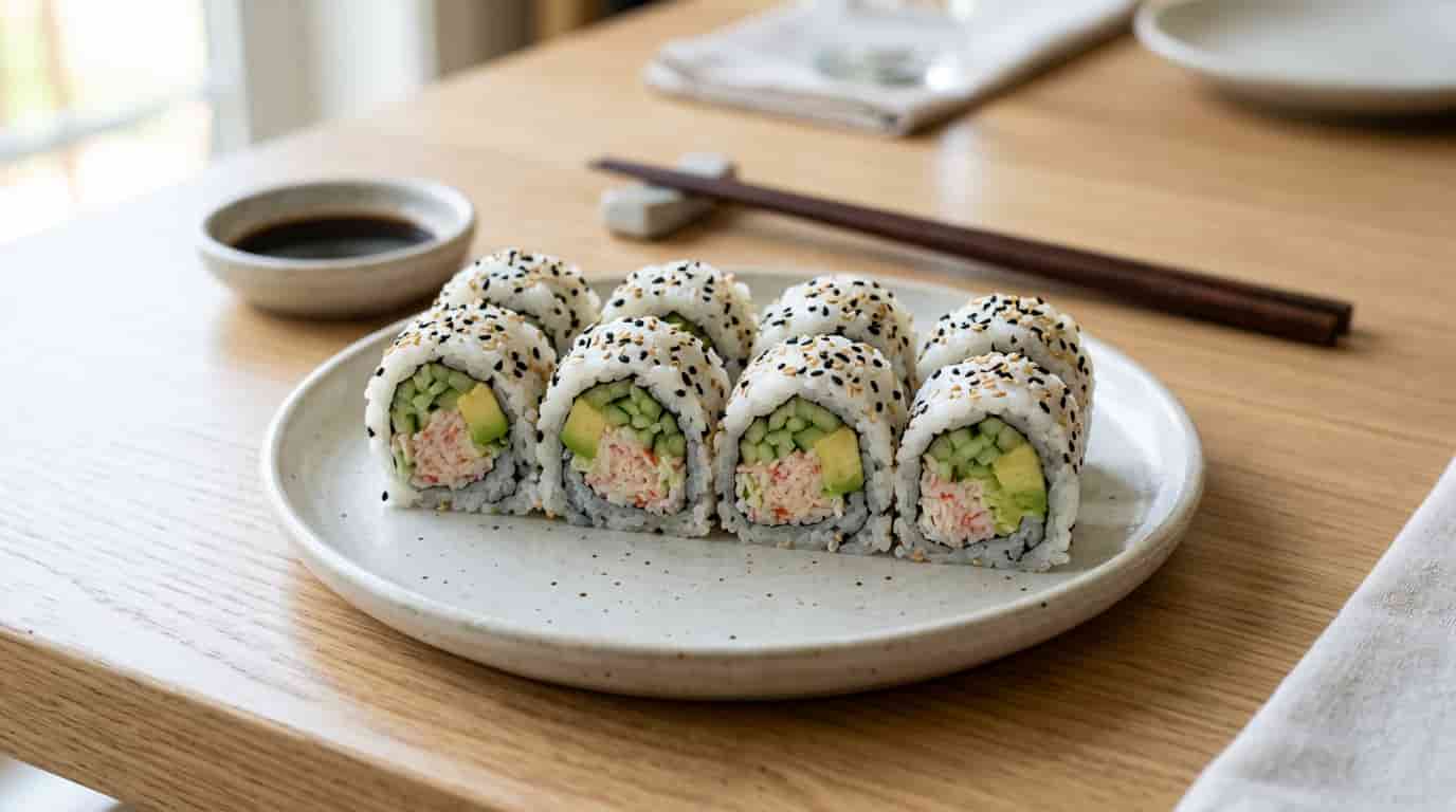 California roll sushi pieces with rice, imitation crab, avocado, and cucumber on a plate.
