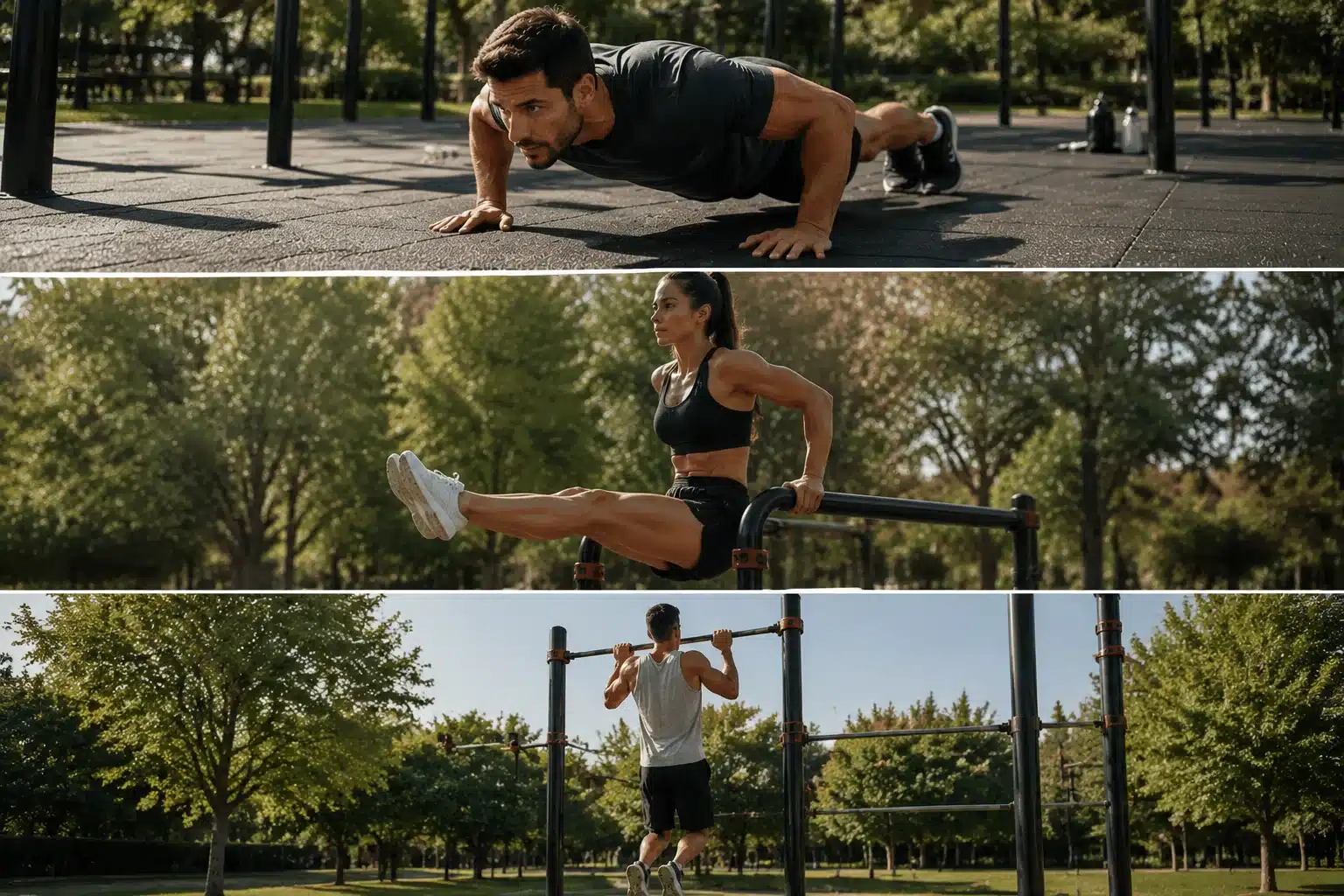 Three-panel image showing people performing calisthenics exercises including push-ups, parallel bar holds, and pull-ups outdoors.