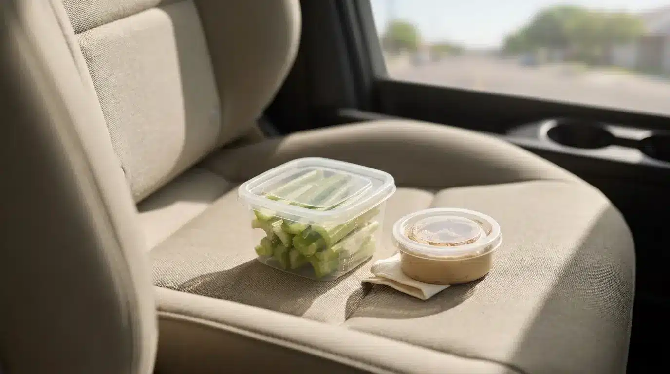 Celery sticks with separate hummus dip packed as a healthy road trip snack.