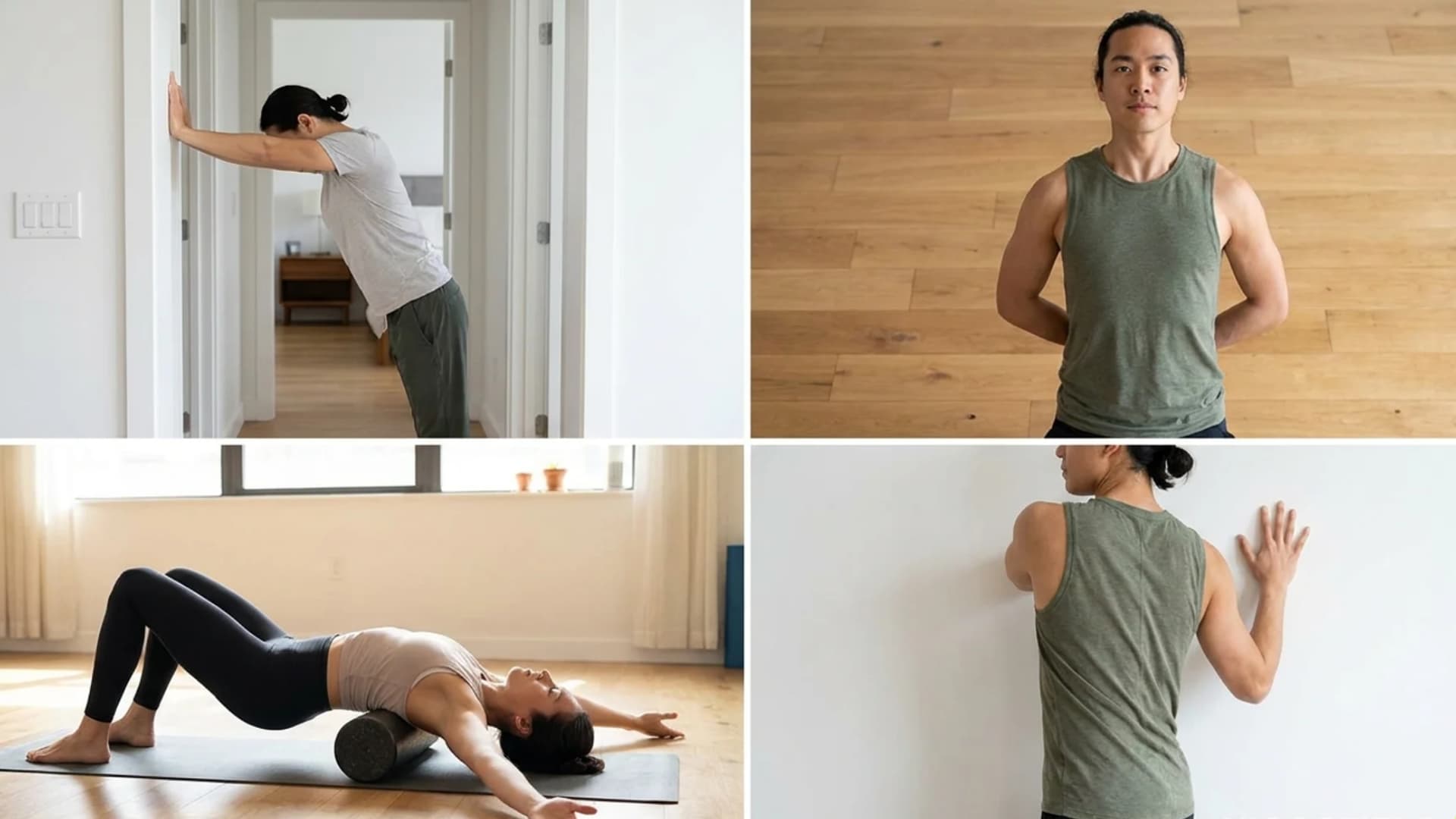Four-panel collage showing realistic chest stretches including doorway stretch, kneeling stretch, foam roller opener, and seated chest stretch.