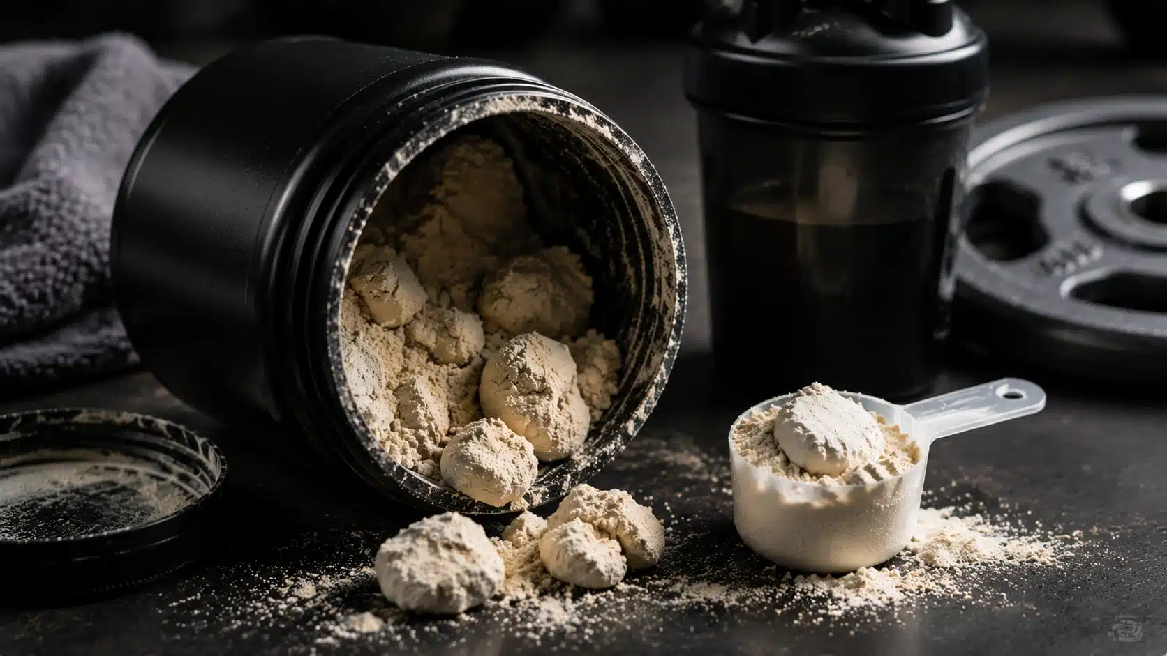 Clumpy pre workout powder spilling from an open container showing moisture-related texture changes.