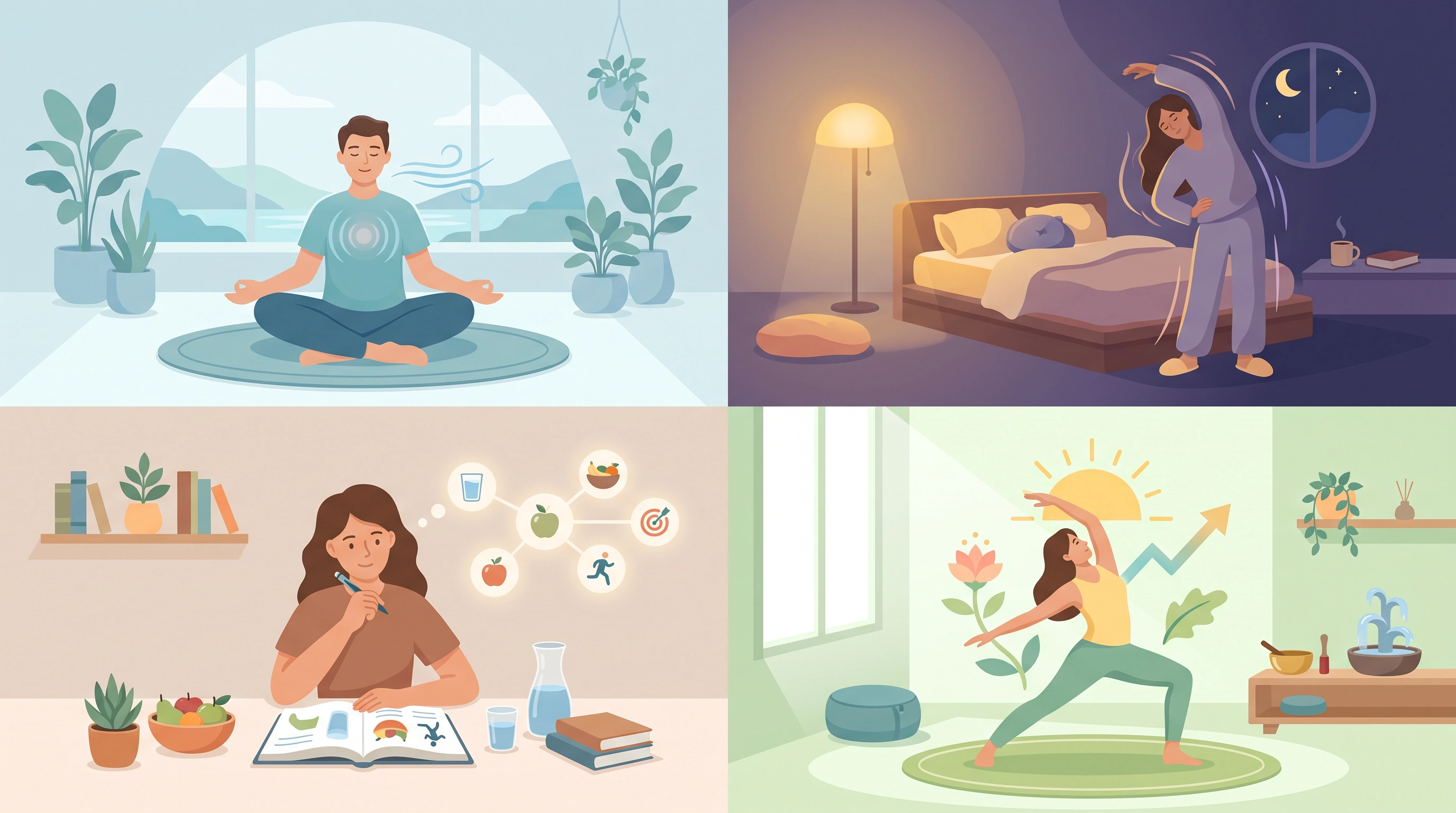 Collage showing everyday applications of holistic therapy including mindfulness, sleep, journaling, and self-care.
