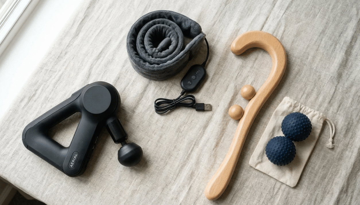 Common neck massage tools including a massage ball, cane, heated massager, foam roller, and massage gun arranged for safe use.