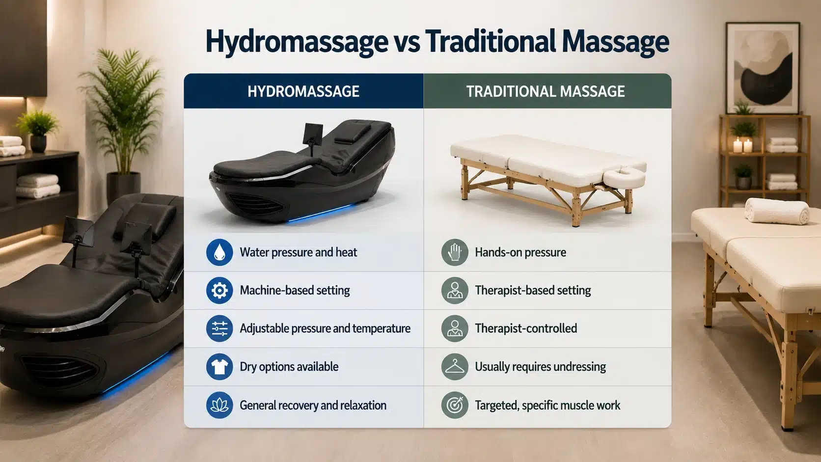Comparison of hydromassage chair and traditional massage table showing different recovery techniques and settings.