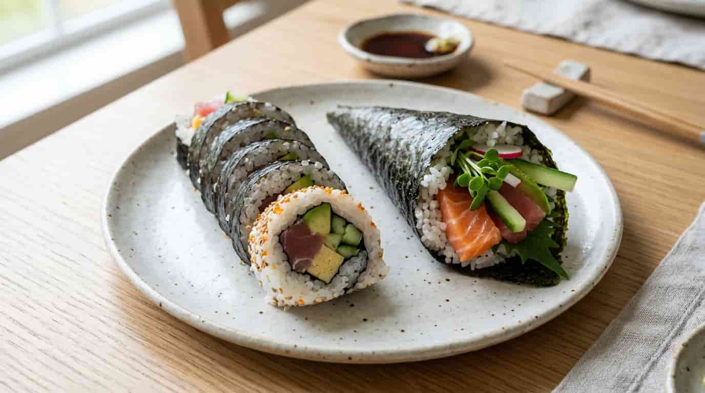 Comparison of sliced sushi rolls and a cone-shaped hand roll with rice, nori, and fillings.