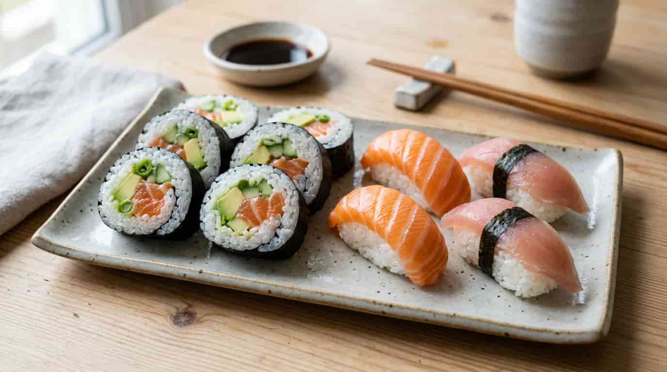 Comparison of sushi roll pieces and nigiri with rice and fresh fish on a plate.