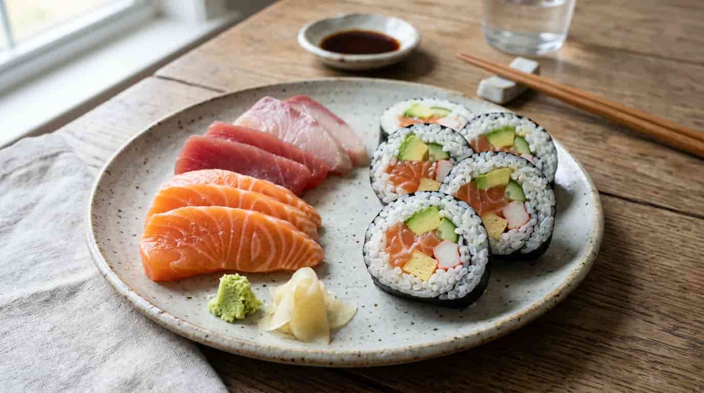 Comparison of sushi rolls and sashimi with rice-based rolls and sliced fish on a plate.