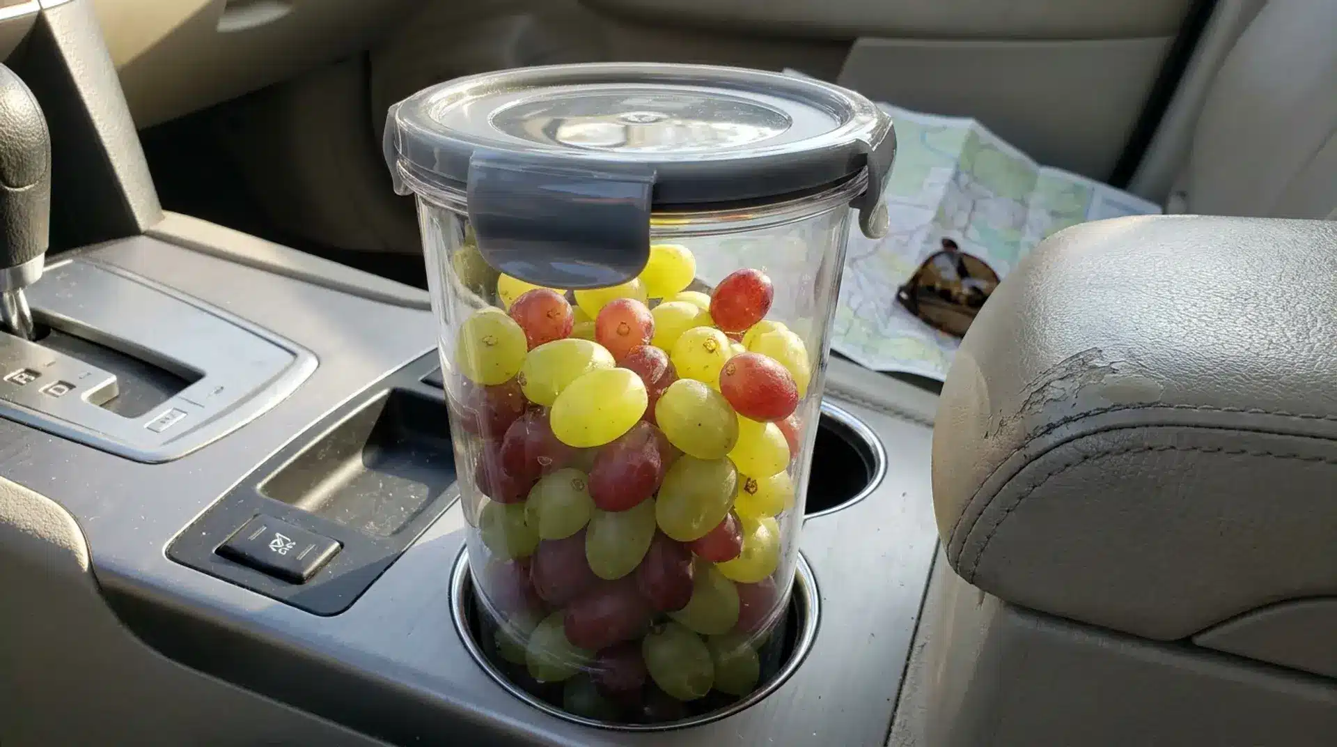 Container of fresh grapes packed as a healthy road trip snack.