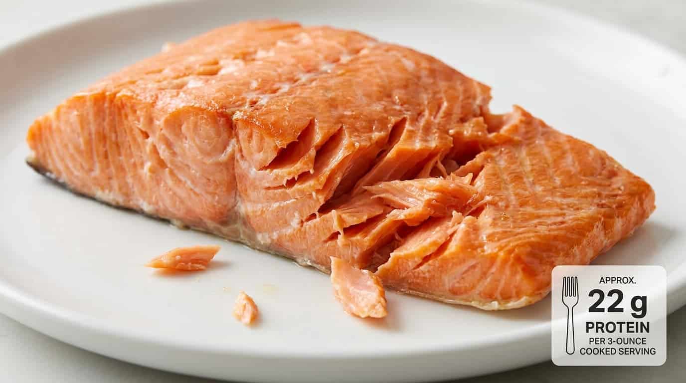 Cooked sockeye salmon showing flaky texture with a nutrition callout for about 22 grams of protein per serving.