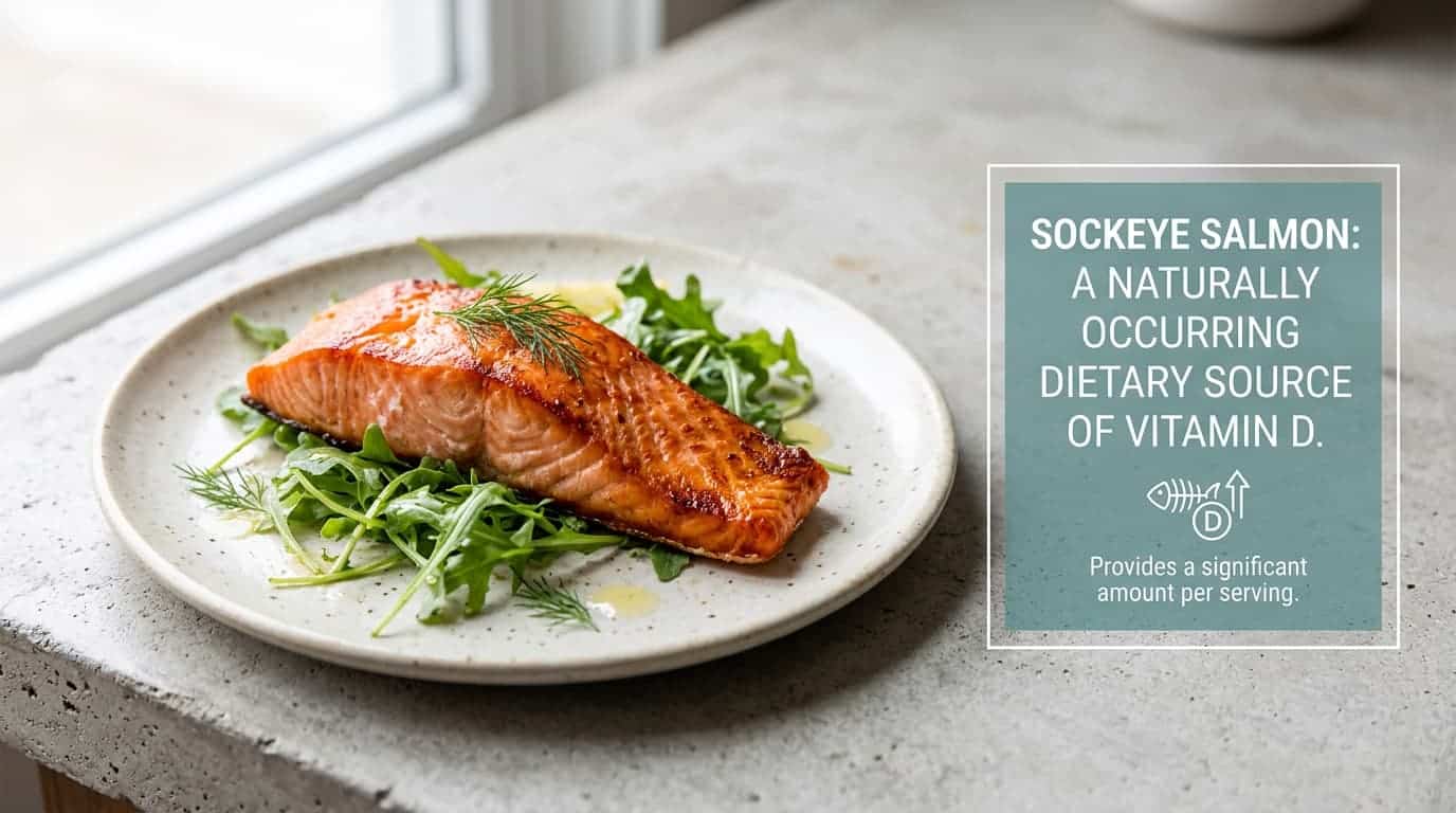Cooked sockeye salmon with a simple vitamin D nutrition callout on a clean plate.