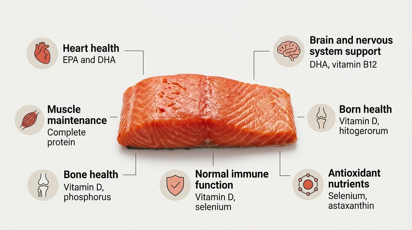Cooked sockeye salmon with callouts for heart, brain, muscle, bone, immune, and antioxidant nutrients.