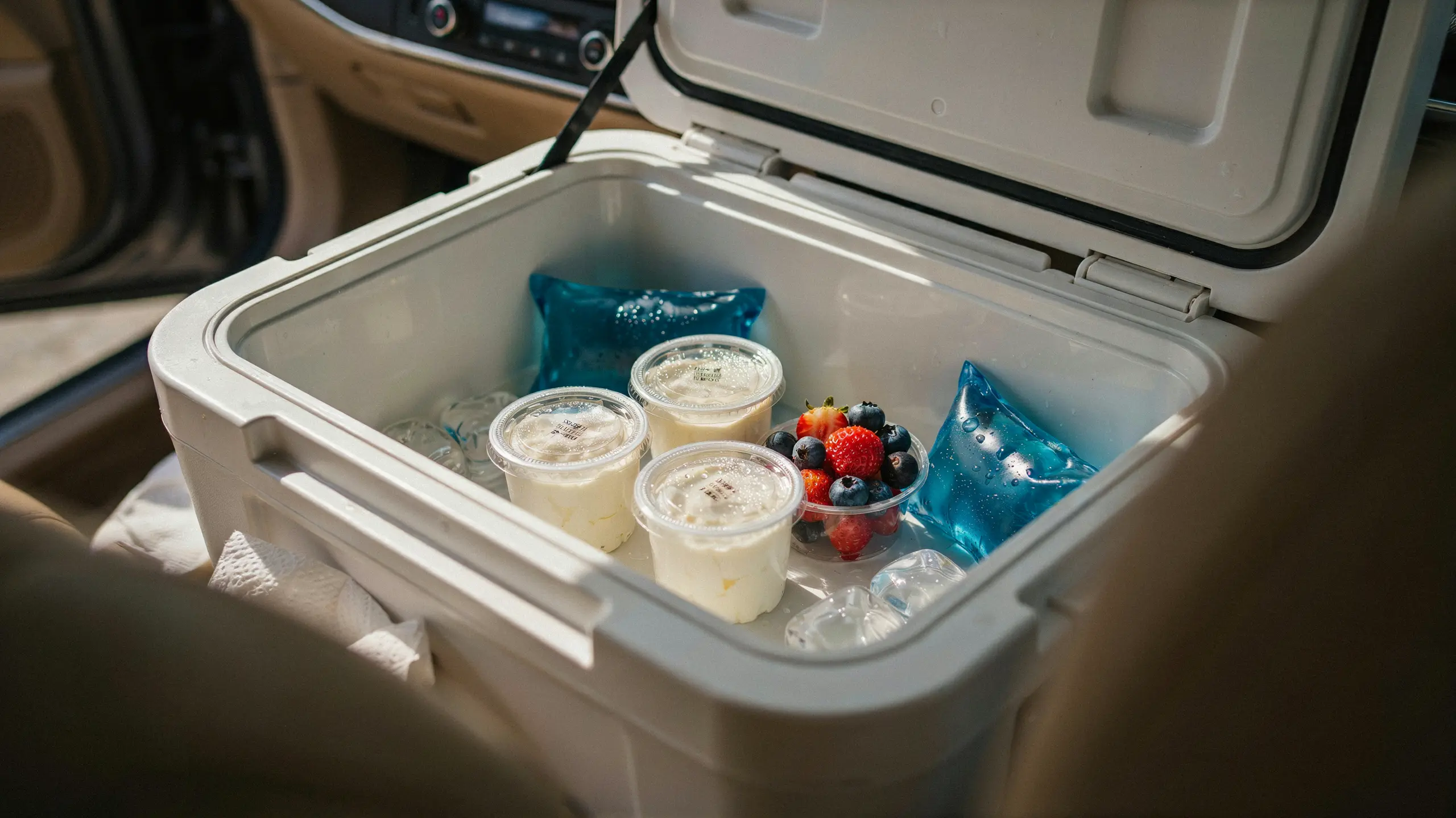 Cottage cheese cups with fruit stored in a cooler for a road trip snack.