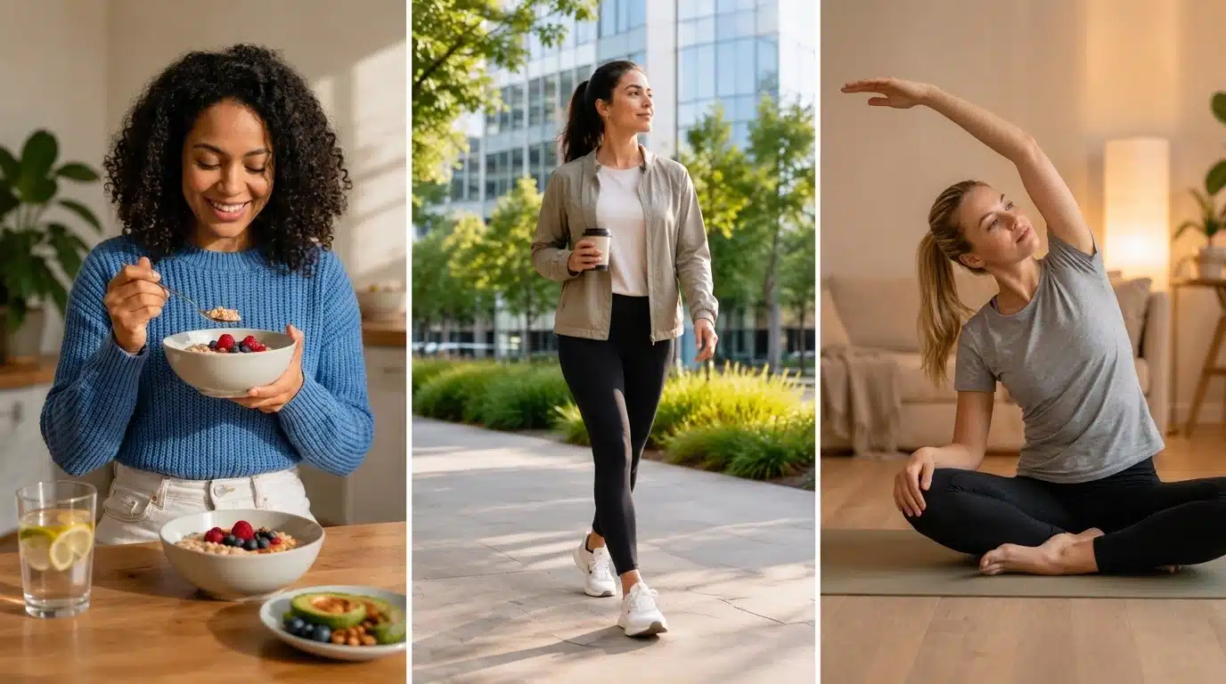 Daily wellness routine with breathing, walking, balanced meals, stretching, restful sleep, and monitoring unexpected swelling.