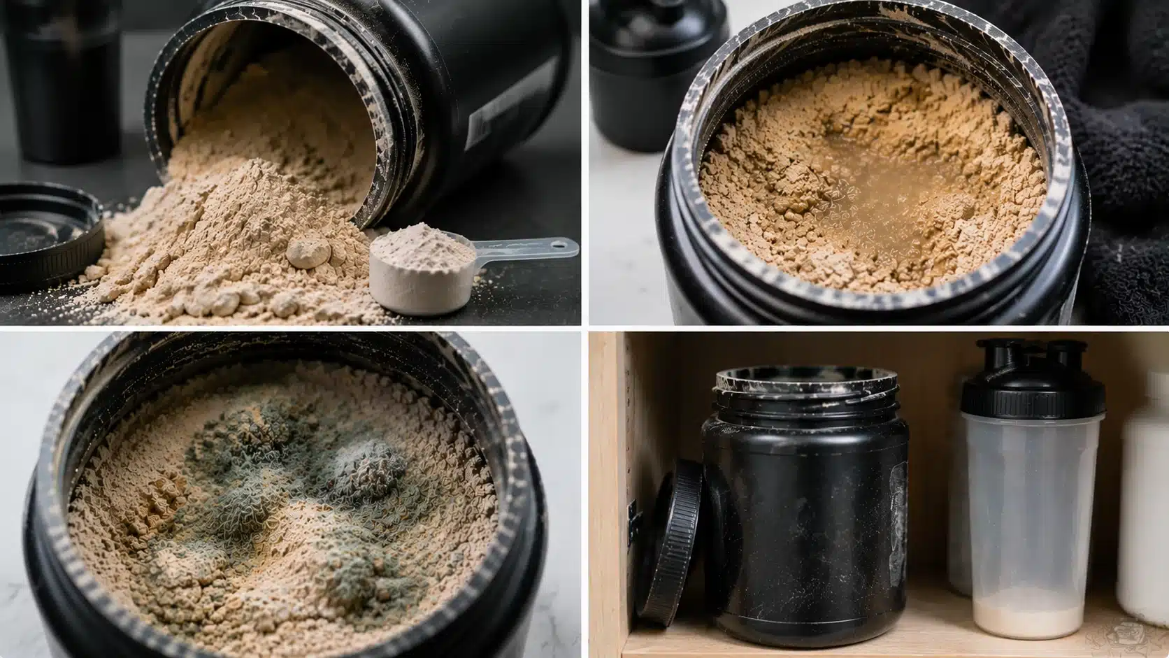 Four panel collage showing expired pre workout signs including spills, moisture damage, mold, and poor storage conditions.