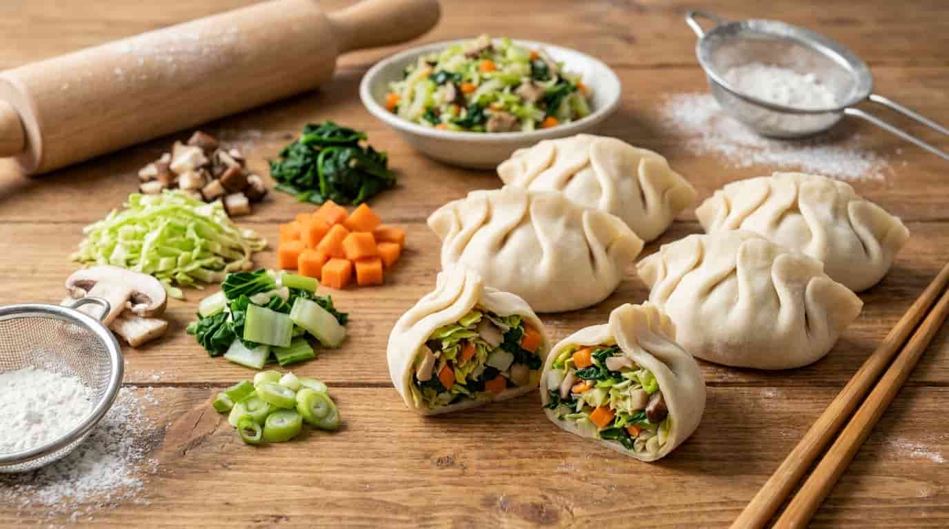 Dumplings filled with vegetables like cabbage, mushrooms, and spinach.