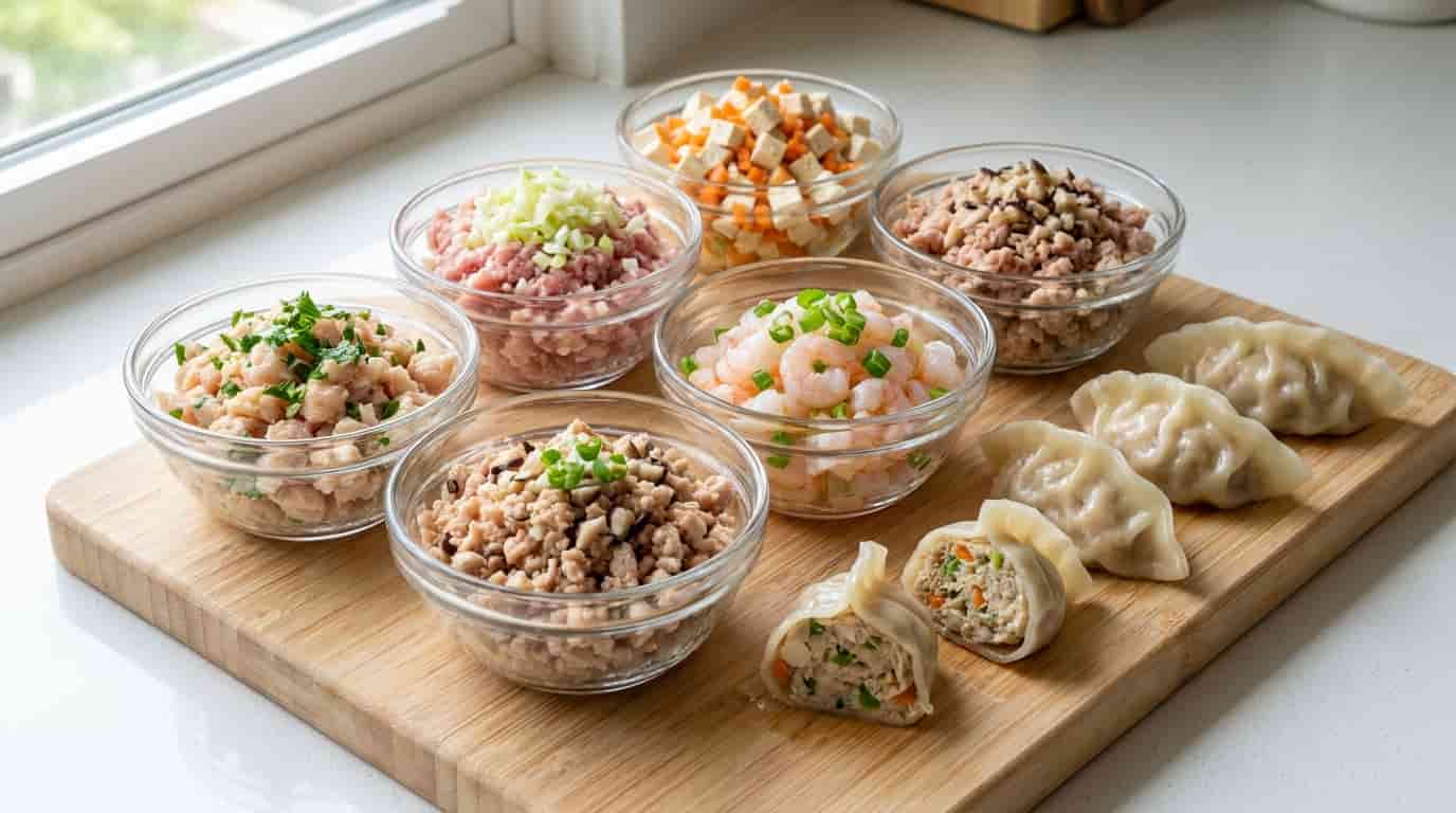 Dumplings with lean protein fillings including chicken, shrimp, tofu, and pork.