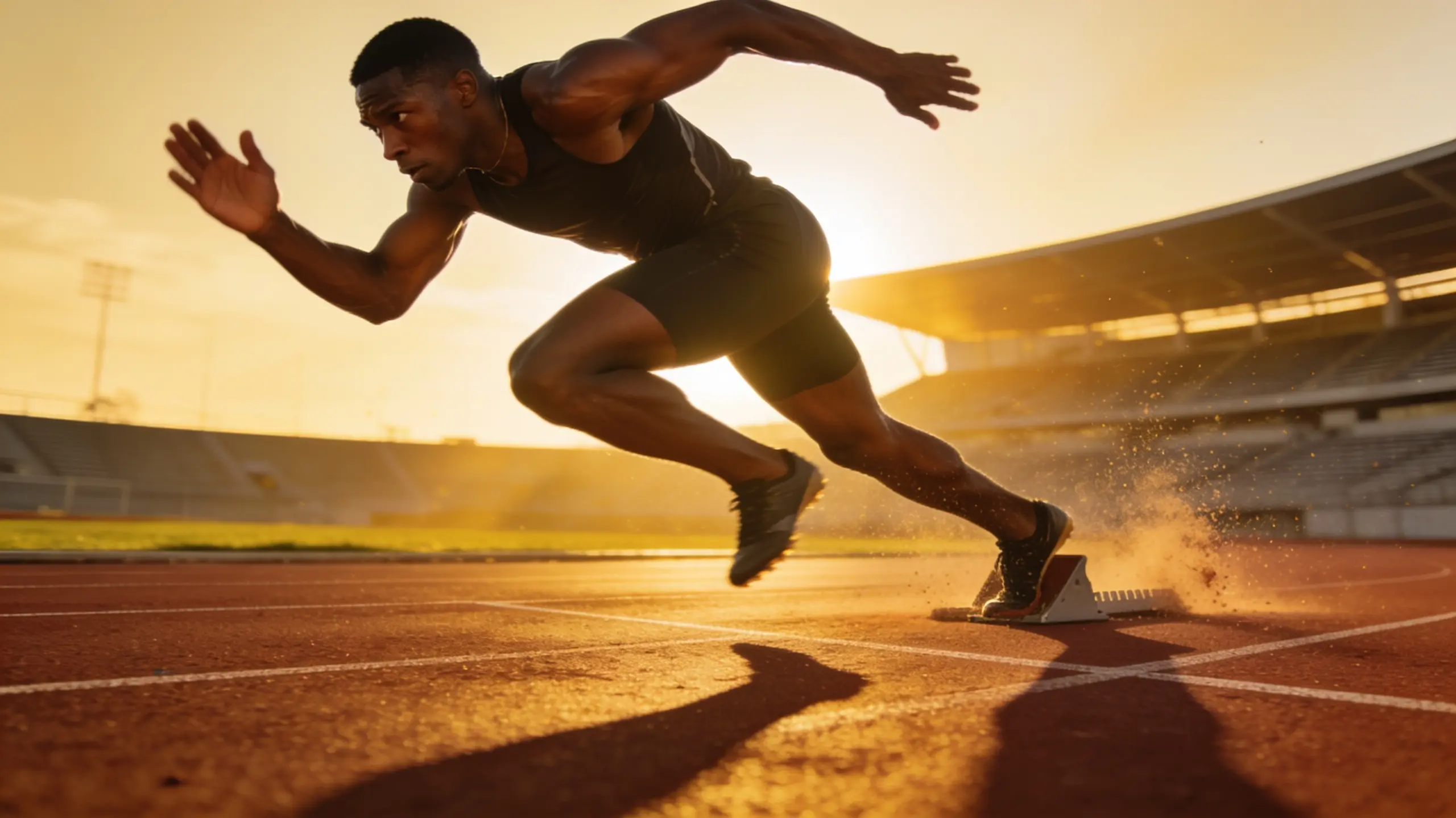 Elite sprinter driving forward in first phase of sprint with strong lean and explosive acceleration on a track.