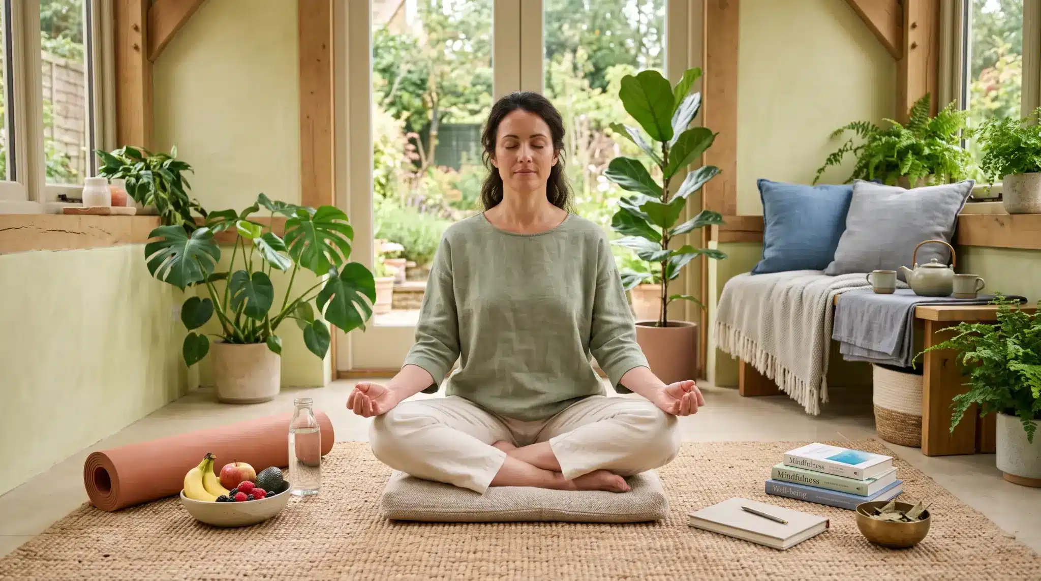 Person practicing holistic wellness with elements representing mind, body, and lifestyle balance.