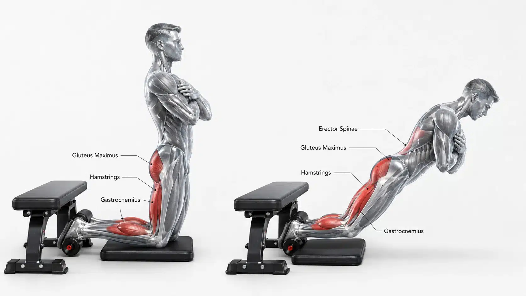 Figures performing a Nordic hamstring curl with controlled lowering on an exercise bench.