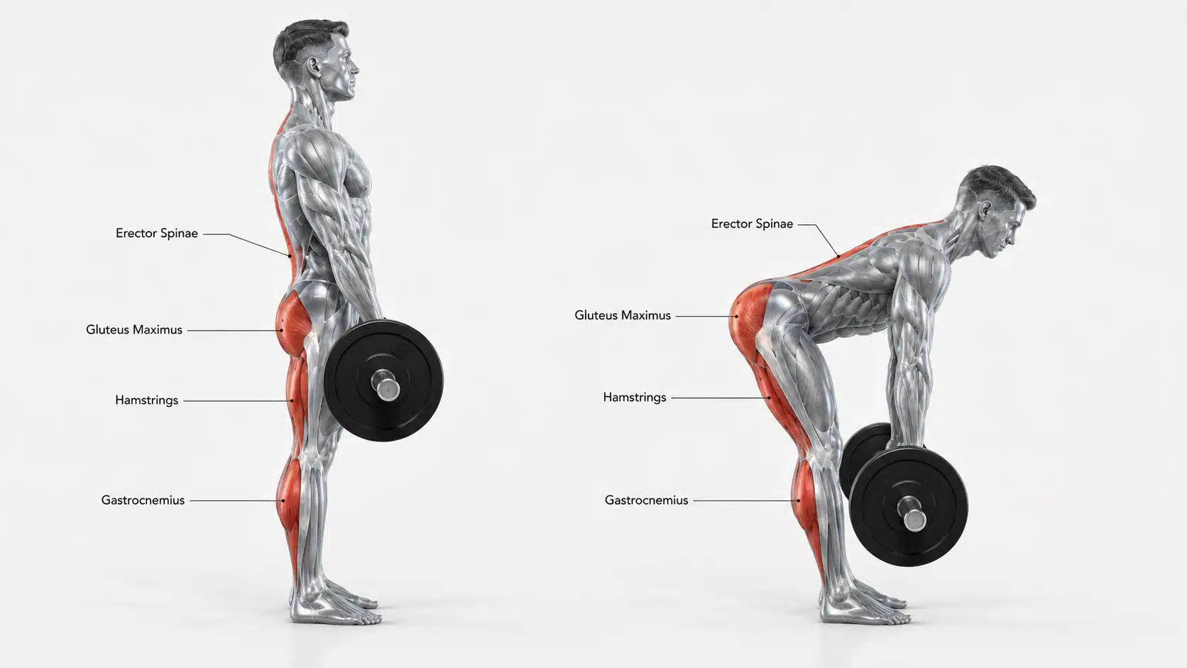 Figures performing a Romanian deadlift with a barbell in a gym, showing the eccentric hamstring exercise movement.