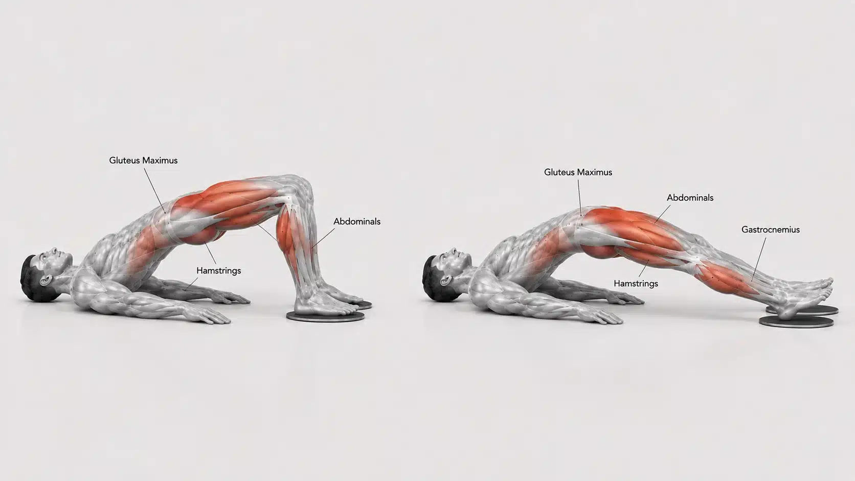 Figures performing a single-leg hamstring bridge exercise on a mat in a gym.