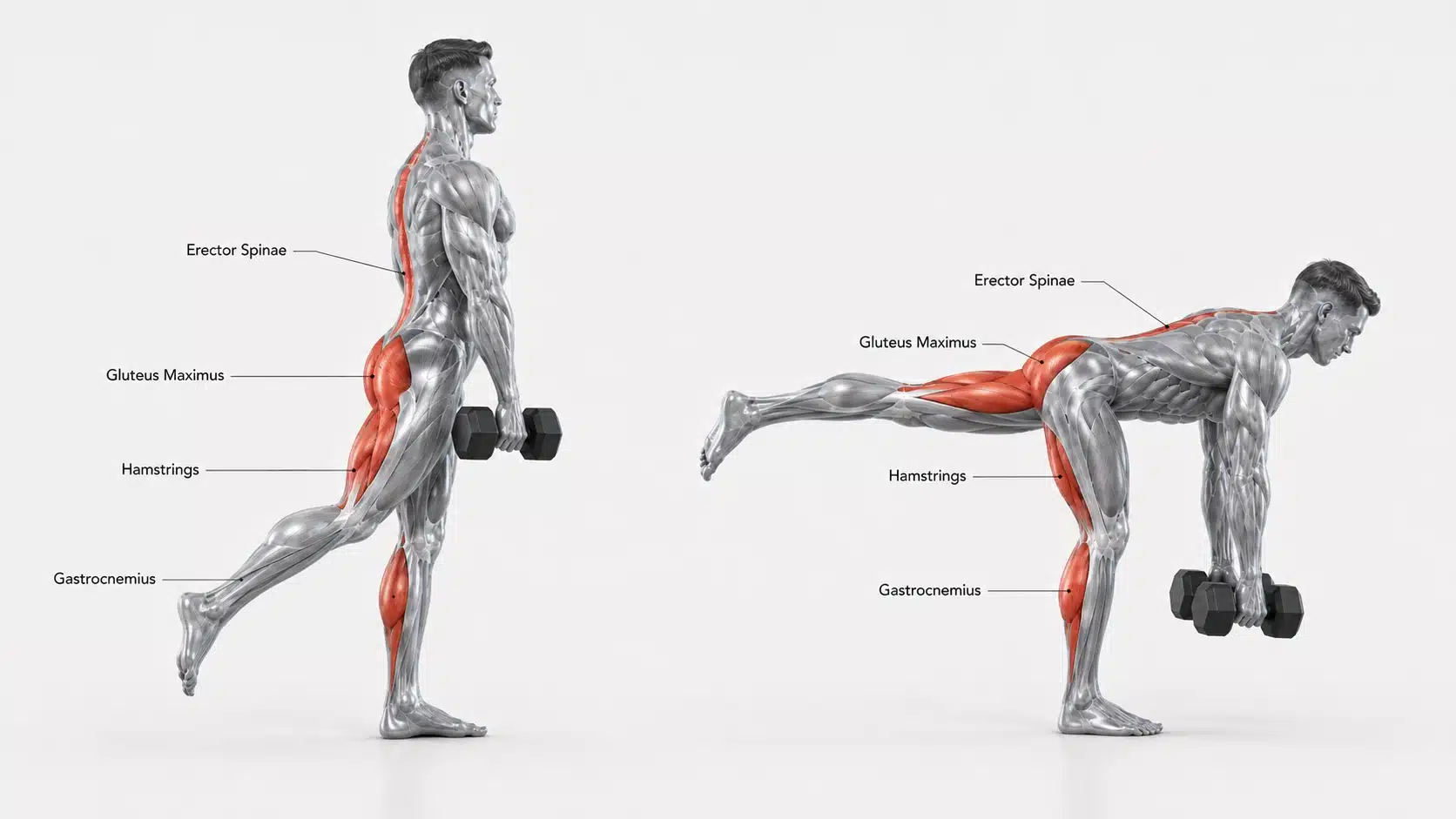 Figures performing a single-leg Romanian deadlift with a dumbbell in a gym.