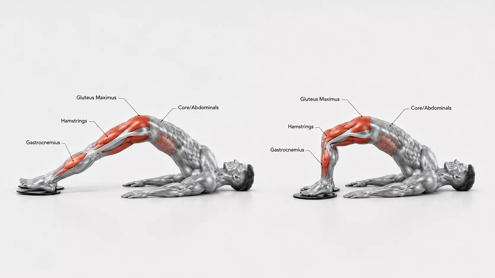 Figures performing a sliding hamstring curl exercise on a mat in a gym.