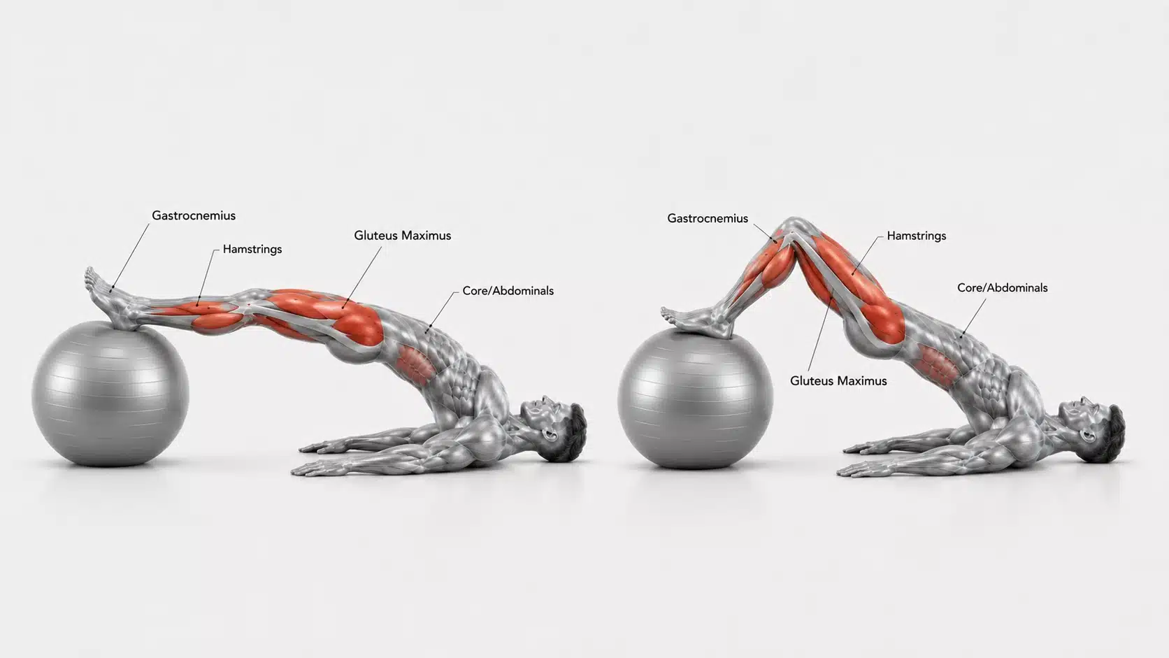 Figures performing a stability ball hamstring curl exercise in a gym with feet elevated on a bench.