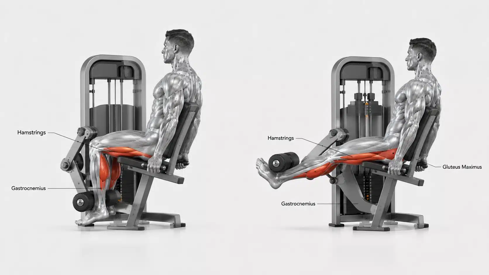 Figures performing a stability seated hamstring sitting exercise on a seat in a gym.