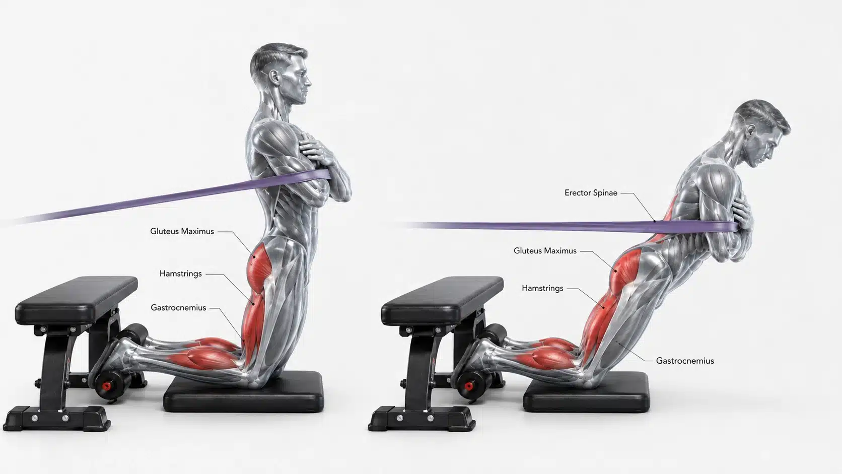 Figures performing an assisted Nordic hamstring curl with a resistance band in a gym.