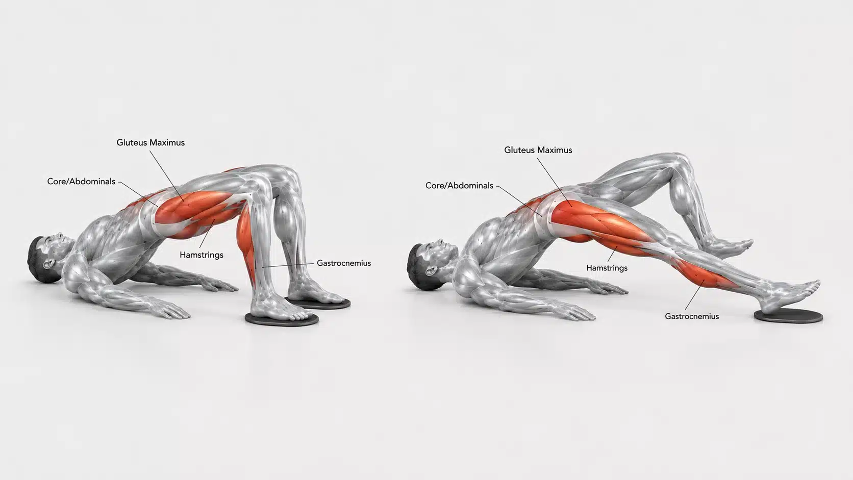 Figures performing an eccentric hamstring curl exercise on a machine in a gym.