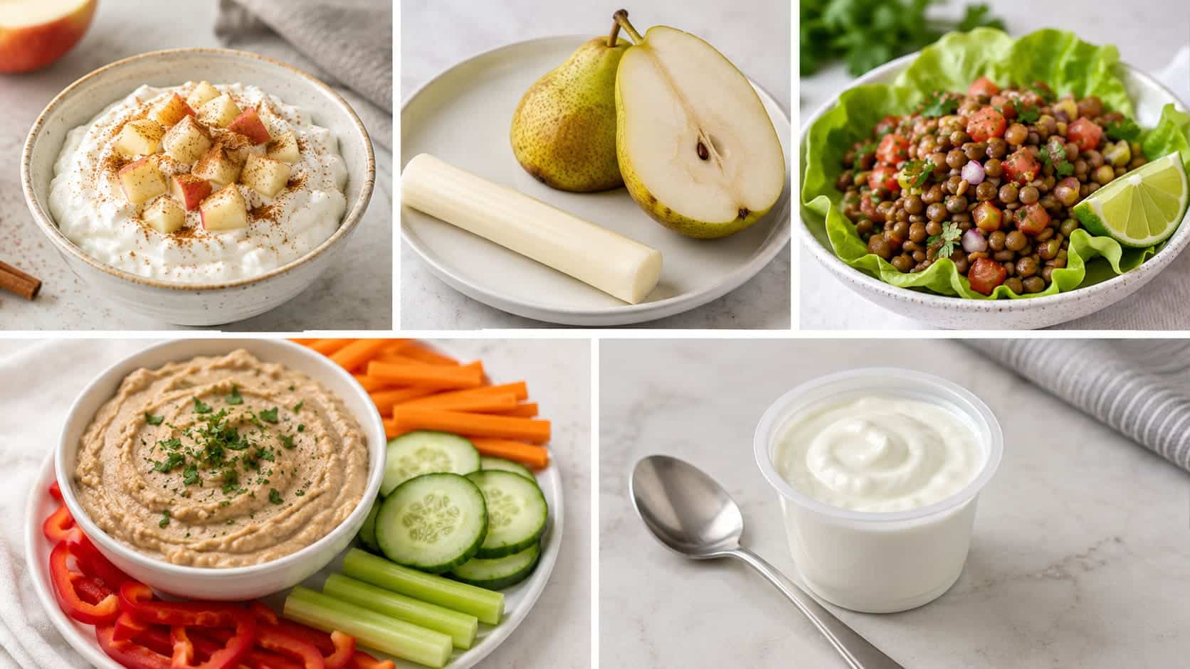 Five-panel collage of skyr with apple, string cheese and pear, lentil salsa cups, bean dip with vegetables, and Greek yogurt.