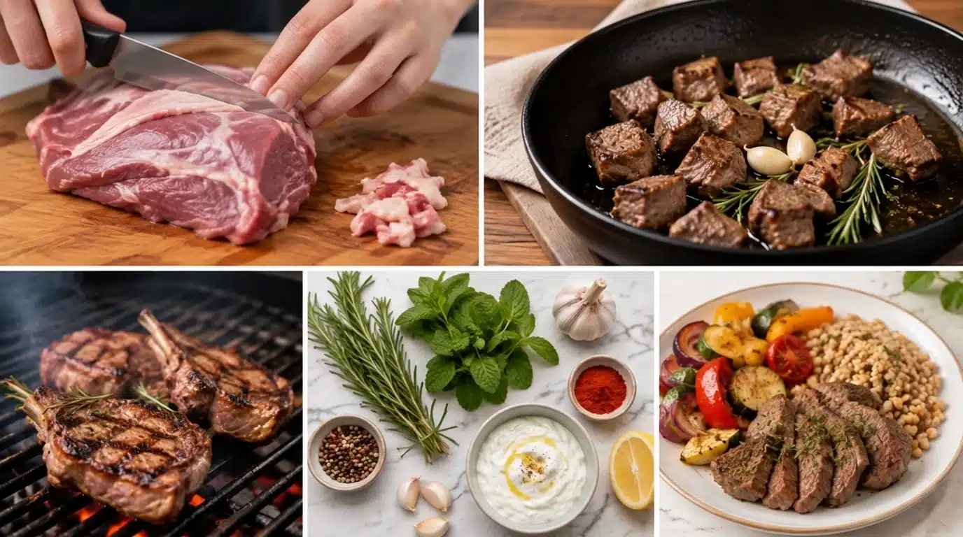 Five-panel image showing ways to reduce fat and calories in lamb meals through trimming, cooking methods, herbs, and balanced plating.