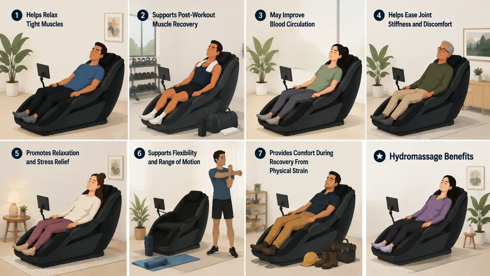 Flat illustration showing seven hydromassage benefits including muscle relaxation, recovery, circulation, stress relief, and flexibility support