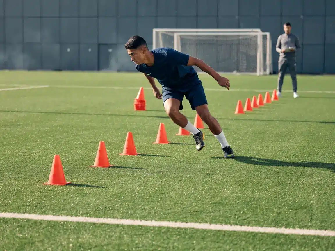 Football player performing cone agility drills with quick cuts and acceleration on a training field.