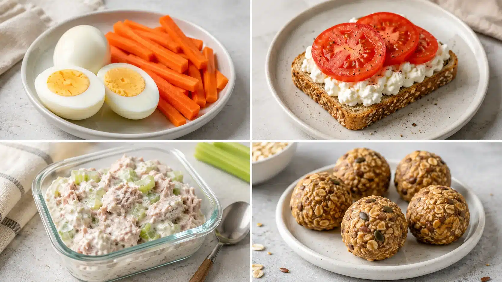 Four affordable protein snacks with boiled eggs, cottage cheese toast, tuna yogurt, and oat bites.