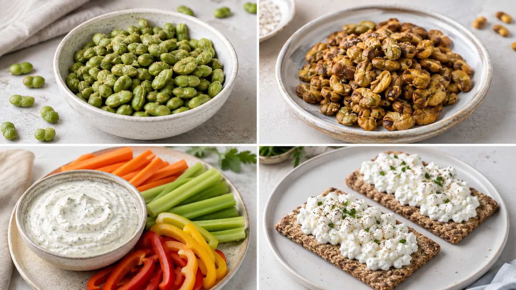 Four crunchy protein snacks featuring roasted edamame, broad beans, yogurt dip, and crispbread.