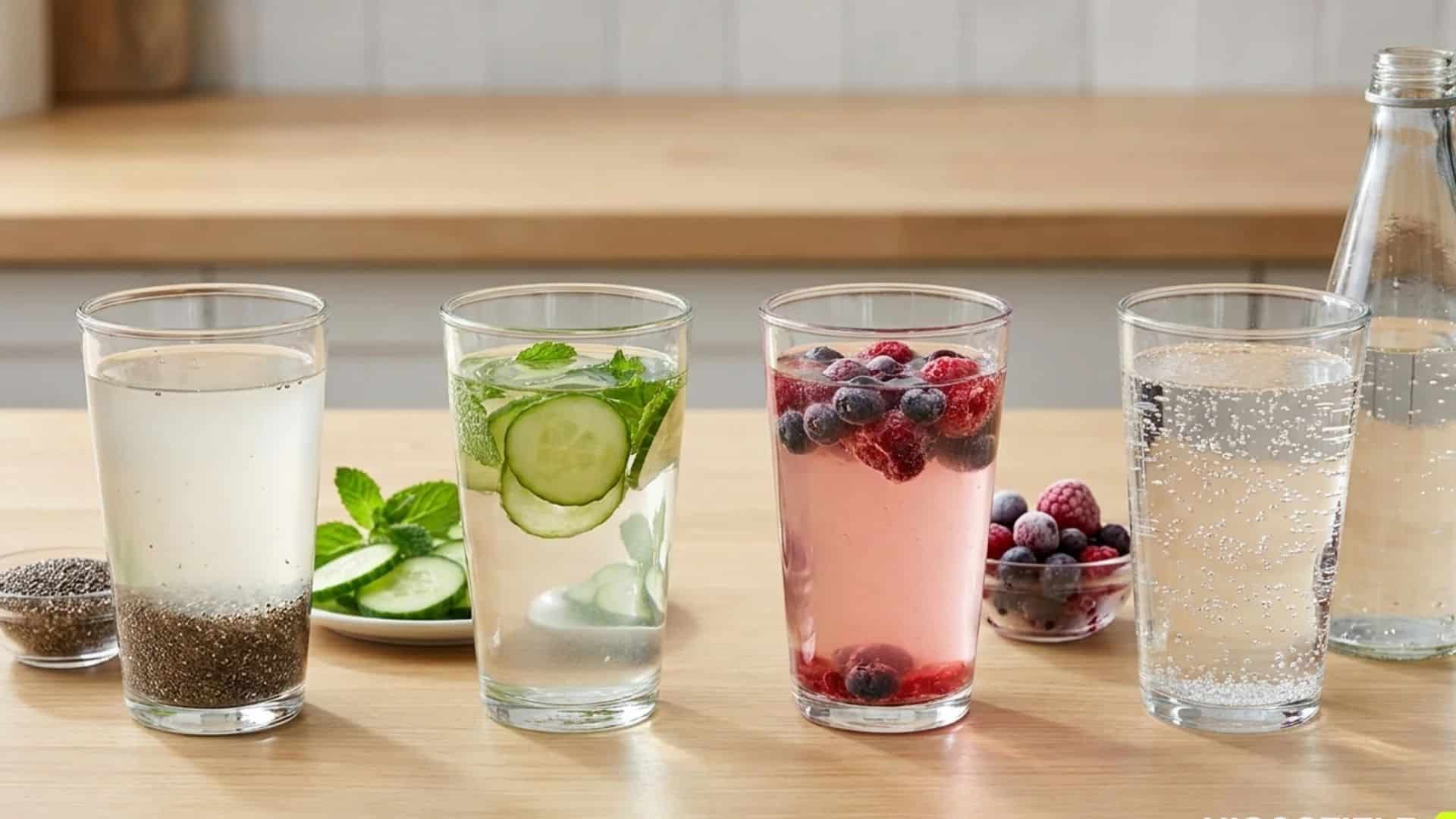 Four customized electrolyte drinks in glass tumblers with chia seeds, mint and cucumber, berry, and sparkling water on a table.