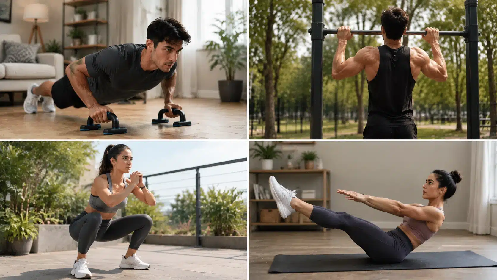 Four-panel calisthenics workout collage showing men and women performing push-ups, pull-ups, squats, and core exercises indoors and outdoors.