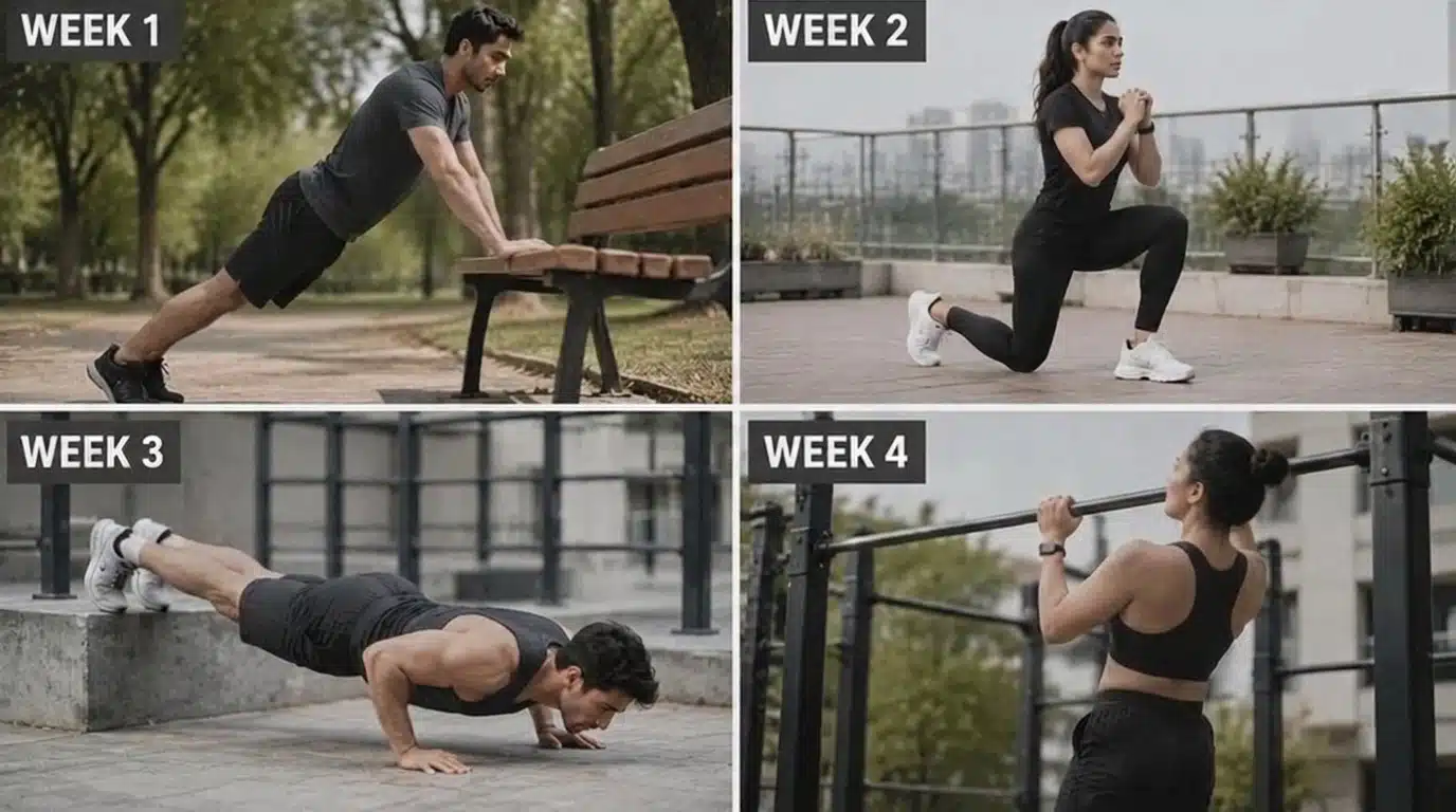 Four-panel calisthenics workout progression showing beginners performing push-ups, lunges, advanced push-ups, and pull-ups over four weeks