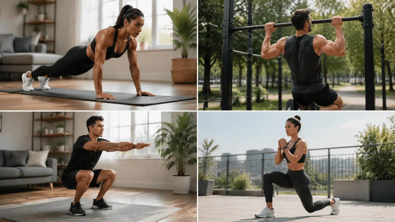 Four-panel calisthenics workout showing men and women performing push-ups, pull-ups, squats, and lunges for muscle growth