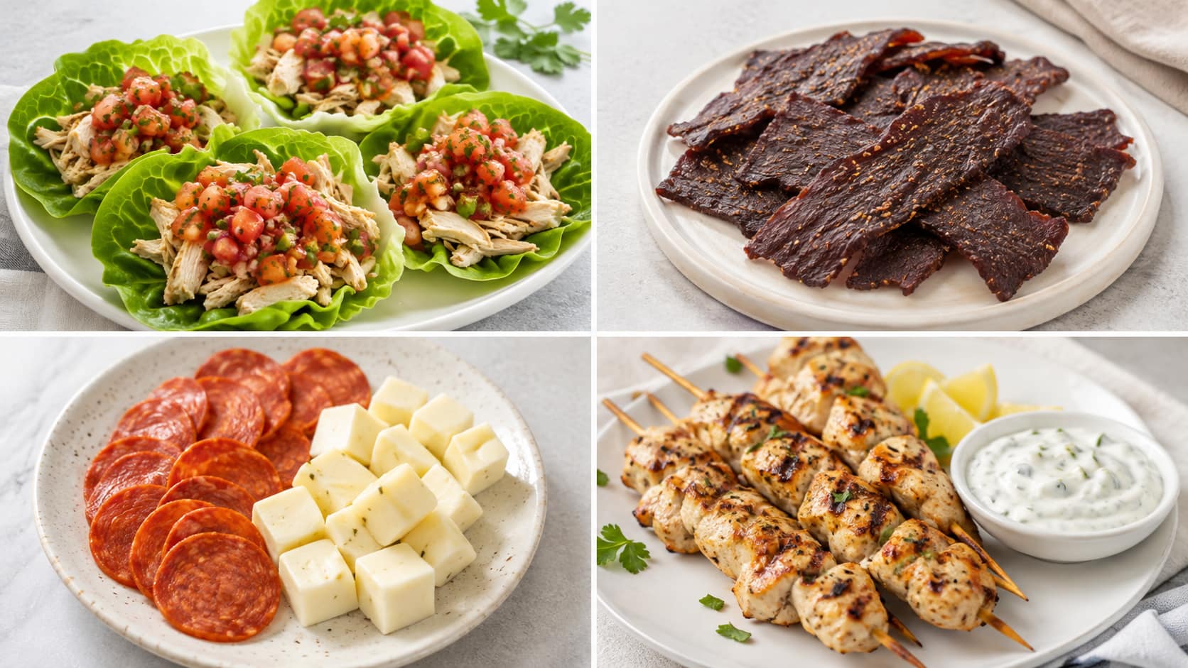 Four-panel collage of chicken lettuce cups, jerky, turkey pepperoni with cheese, and grilled chicken skewers with dip.